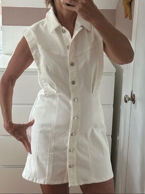 Express White Denim Sleeveless Button-Front Mini Dress, off white denim dress